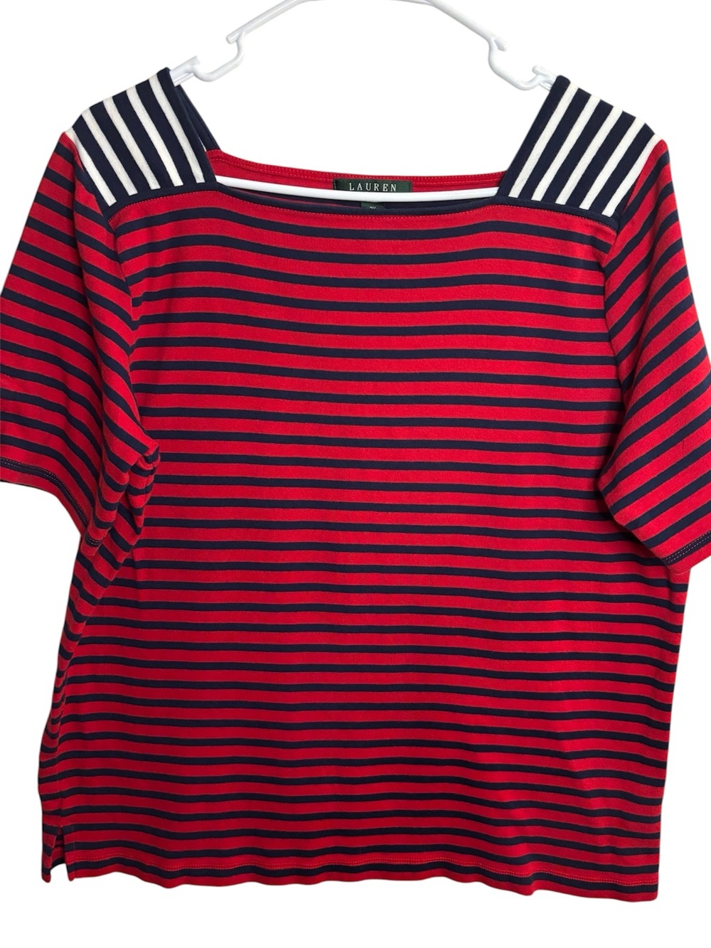 Ralph Lauren Red and Navy Striped Boatneck Tee buttons missing on shoulders!